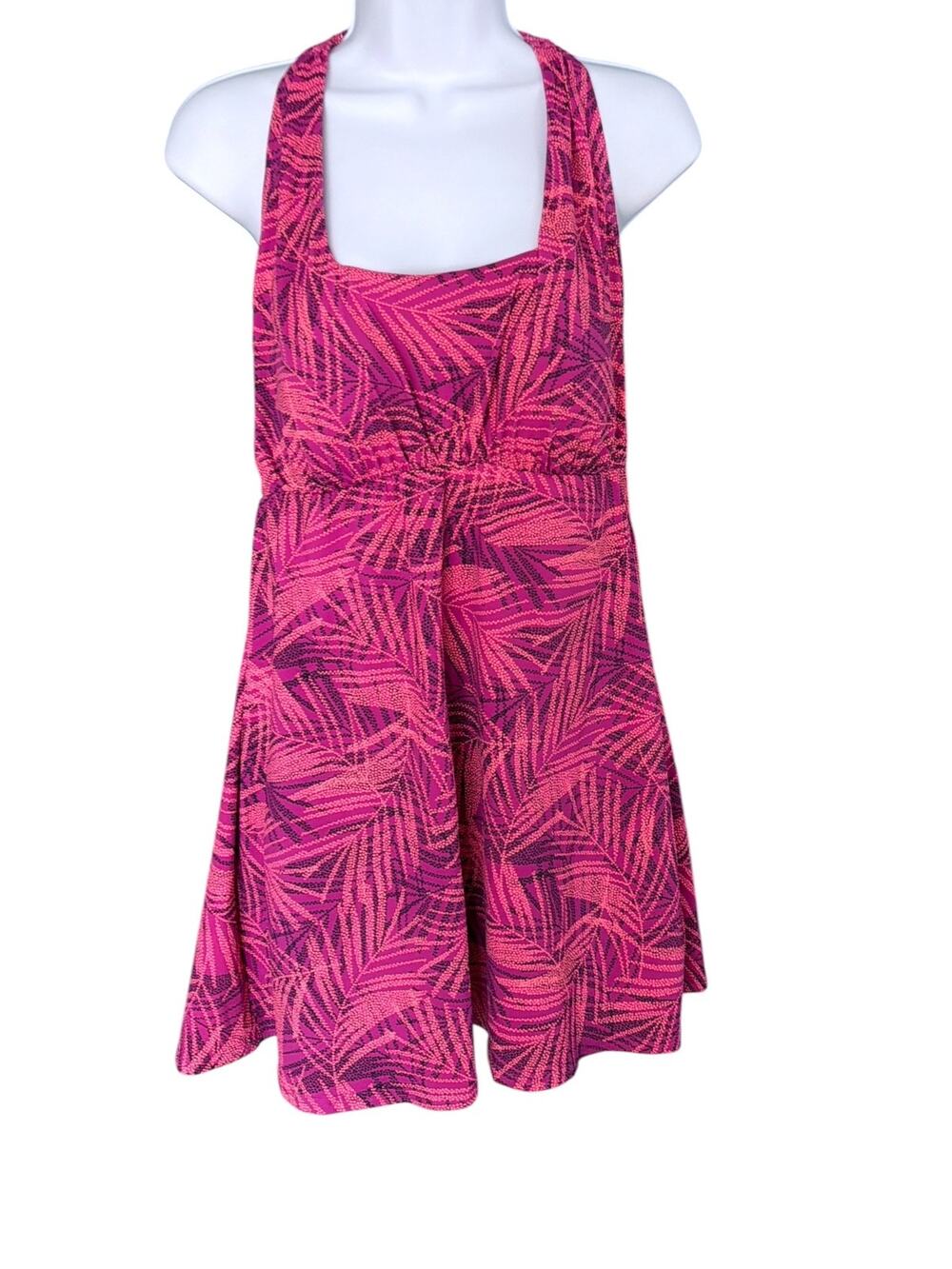 Lands’ End Square Neck Halter Swim Dress Women’s 14 One Piece Swimsuit Pink Palm